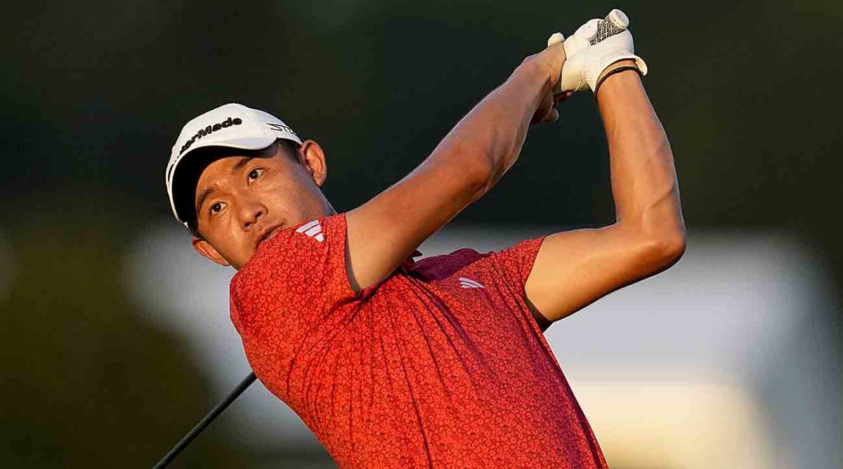 Collin Morikawa hits from the 16th tee during the third round of the 2023 Tour Championship in Atlanta.